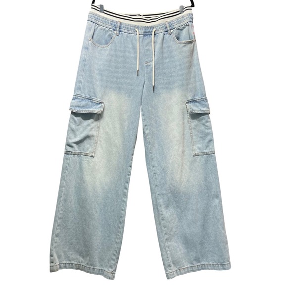 Madden Girl Baggy Wide Leg Cargo Jeans Light Wash Denim Y2K Style Streetwear L - Picture 1 of 9